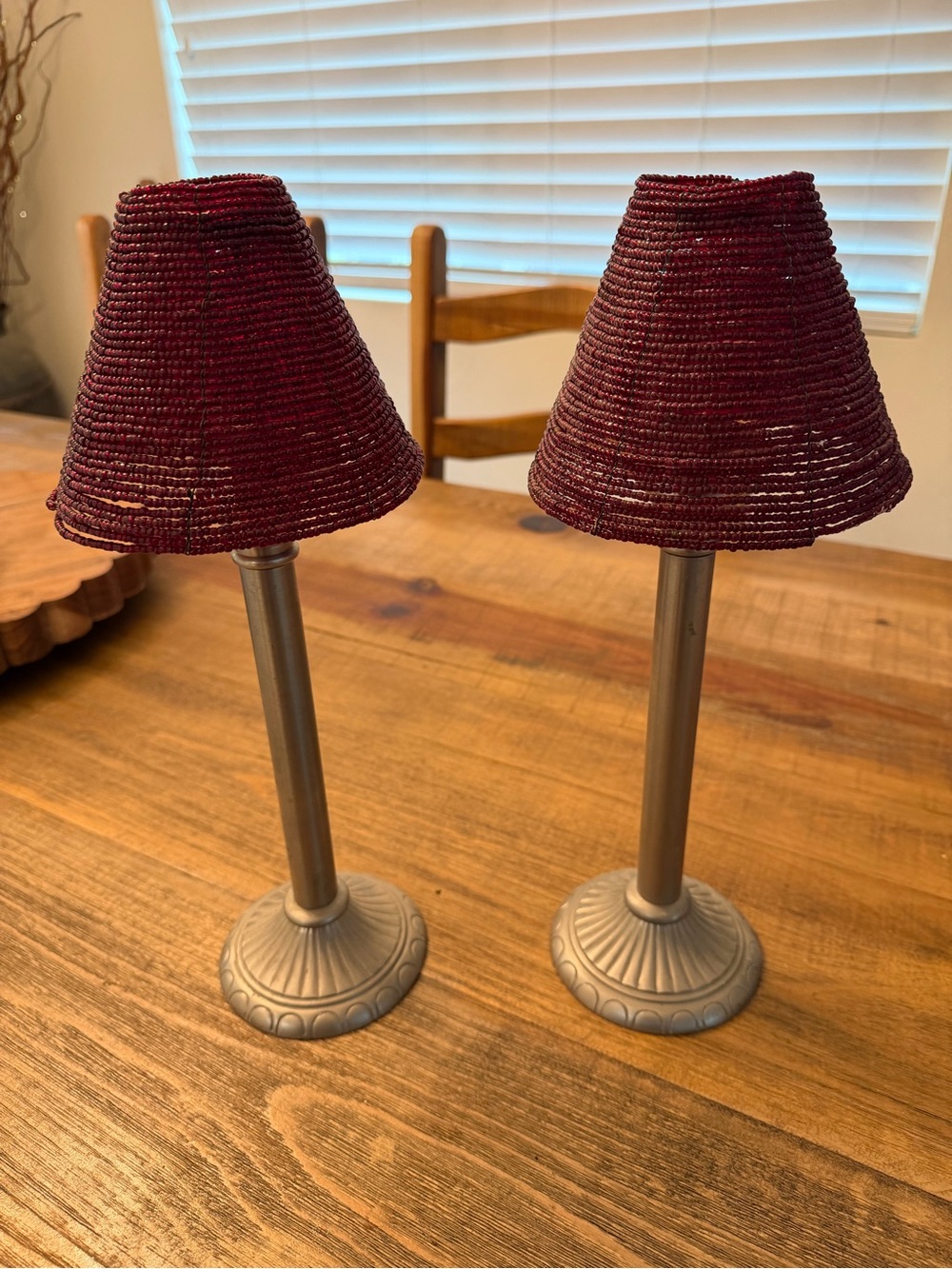 Pottery Barn Pair of Red-Burgundy Table Lamps with Silver Bases
